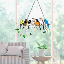7 Birds on a Wire High Suncatcher Window Panel Hanging Multicolor Home Decor