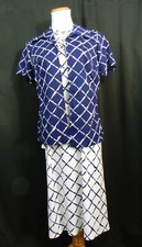Vintage 1970s Handmade DRESS  JACKET Blue White Lattice Check 2 pc Outfit OOAK
