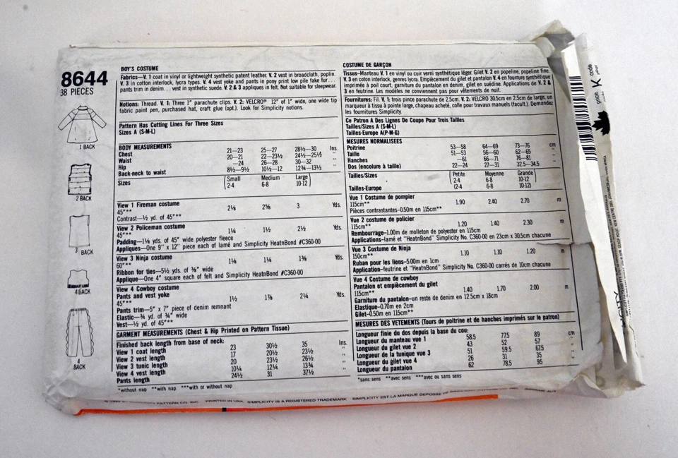 Simplicity 8644 Costume Patterns Size A - Children's Costume - Image 4 of 4