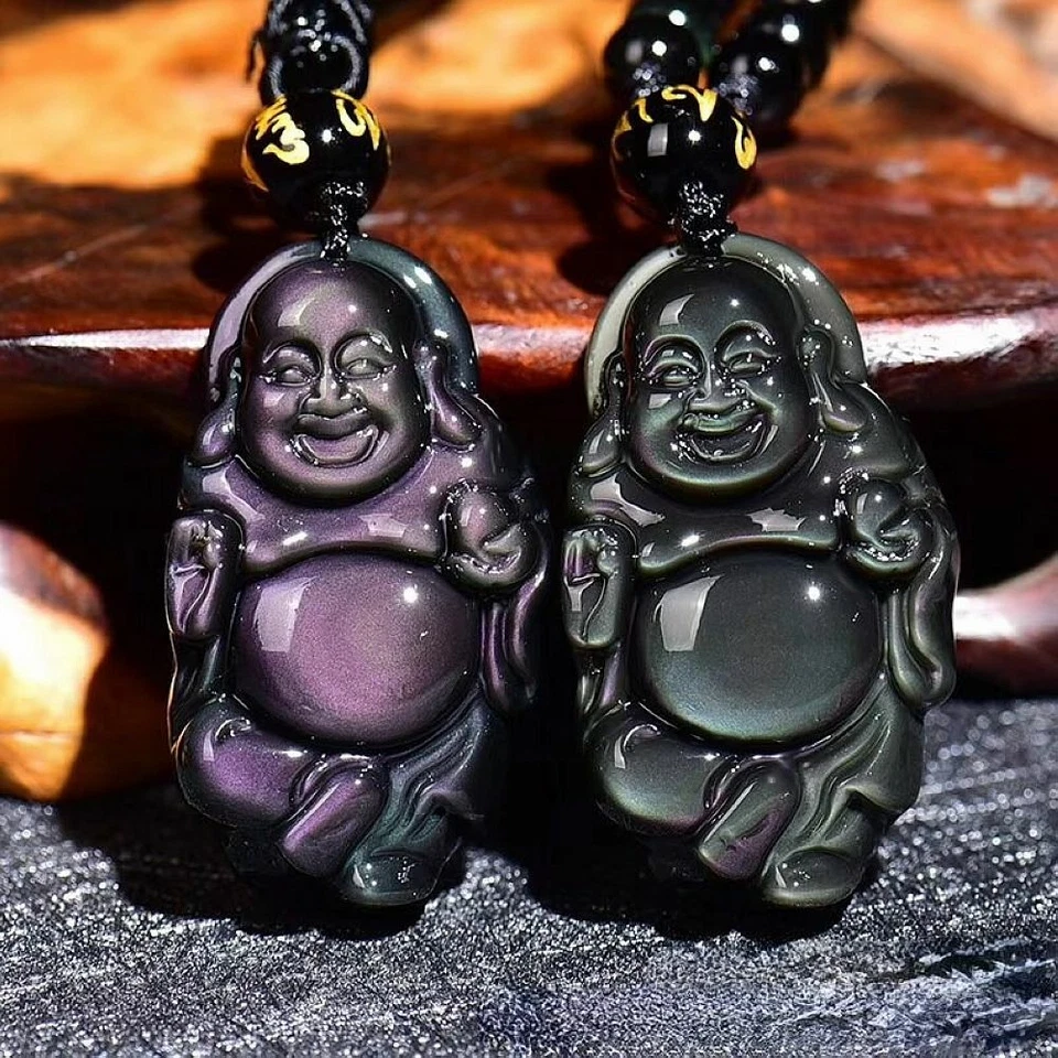 Collar Colgante Amuleto Buda Feliz Cristal Obsidiana Arco Iris con Cadena de Cuentas Foto 3 de 4
