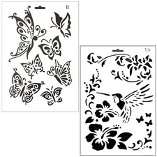 2pcs Brand New BUTTERFLY Hummingbird Flowers Stencils Template Scrapbook Drawing