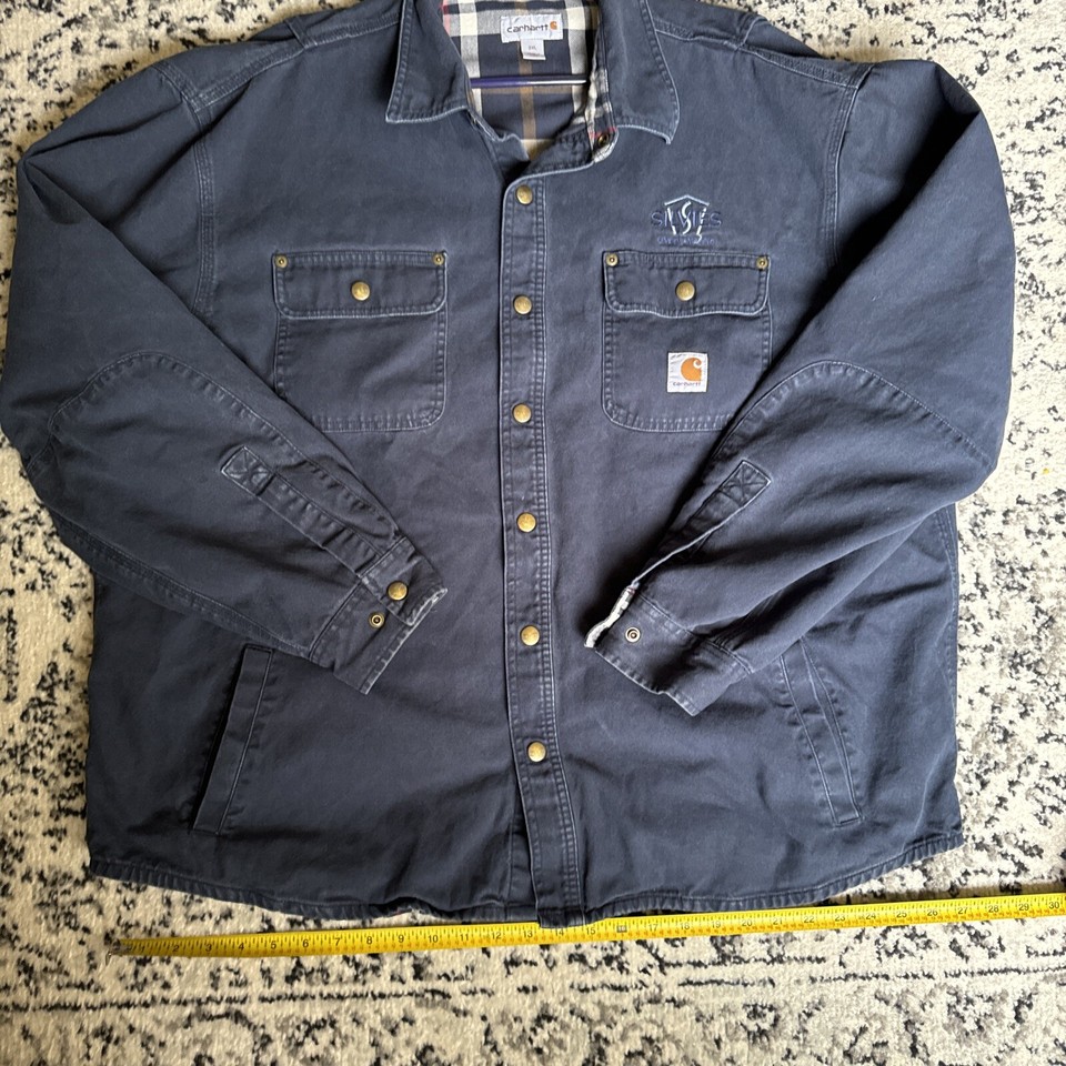 Carhartt Navy Shacket Weathered Canvas Flannel lined Snap 100590 Mens