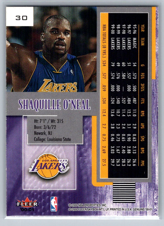 2000-01 Fleer Genuine Los Angeles Lakers Basketball Card #30 Shaquille O'Neal - Image 2 of 2