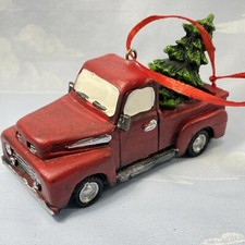 Red Pickup Truck with Tree in Bed Christmas Ornament Resin 4