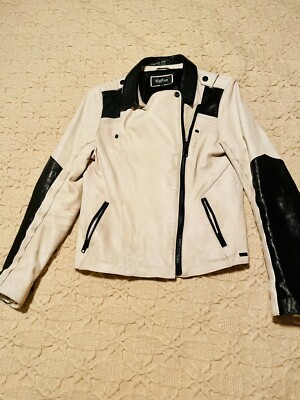 TIGHA Black White Women's Leather biker jacket