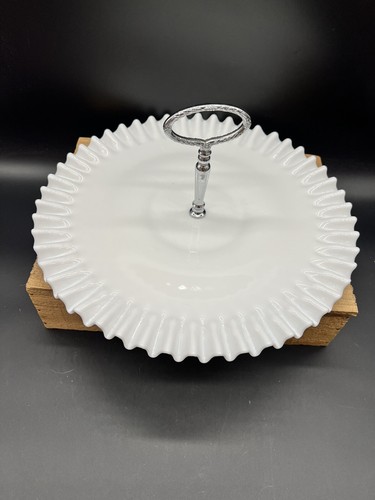 Fenton White Milk Glass Serving Platter Tray Crimped Hobnail Handle Vintage 14” - Picture 1 of 6