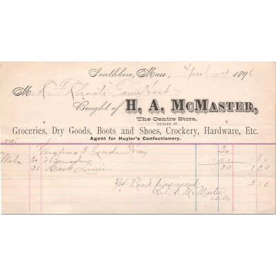 1896 Billhead - H.A. McMASTER & CO Groceries Dry Goods - Southboro, Mass