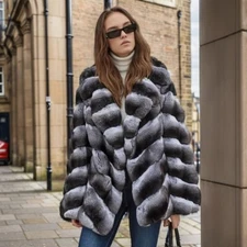 Elegant Women's Genuine Real Rex Rabbit Fur Coats Lapel Collar Full Pelt Outwear