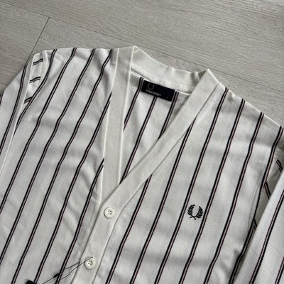 BNWT Fred Perry Club Stripe Cotton Cardigan Jumper Porcelain Mens Size Large