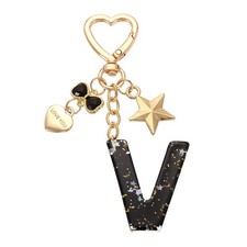 Cute Initial Letter Keychain, Letter-V Keychains for Women Girls Bling Black