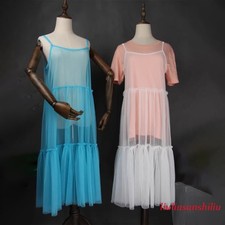 Women Sheer Mesh Dress Full Slip Petticoat Strappy Fit Chic Pleated Underskirt