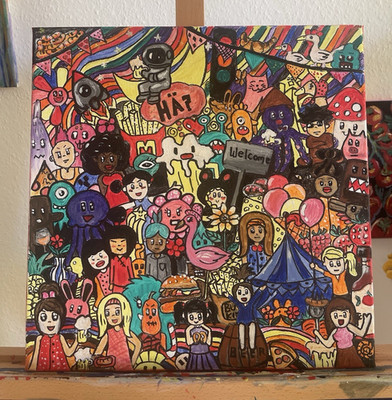 Großes handgemaltes Pop-Art Doodle Gemälde / Leinwand Bild Unikat