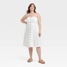 NEW A New Day White Corset Button Front Linen Midi A Line Dress w/ Pockets, S