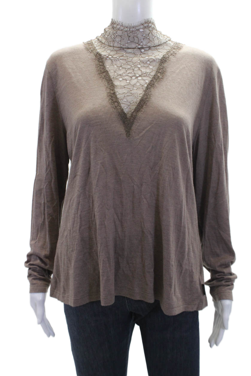 Akris Womens Brown Cashmere Silk Lace Panel Long Sleeve Blouse Size 18