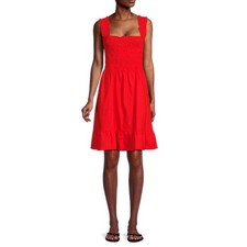 SAKS FIFTH AVENUE Red Smocked Square Neck Linen Blend Ruffle Hem Dress M