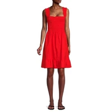 SAKS FIFTH AVENUE Red Smocked Square Neck Linen Blend Ruffle Hem Dress M