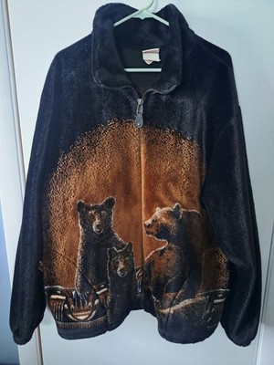 Vintage Milton Funwear Brown Bears Zip Front Fleece Jacket Size XL Brown/Black