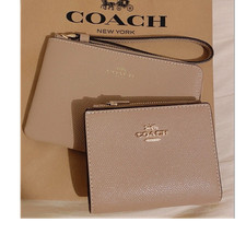 Coach Beige Leather Wristlet Pouch and Coach Wallet Set