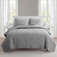 3-Piece Grey Textured Sealife Quilt Set Queen Machine Washable Adult Unisex