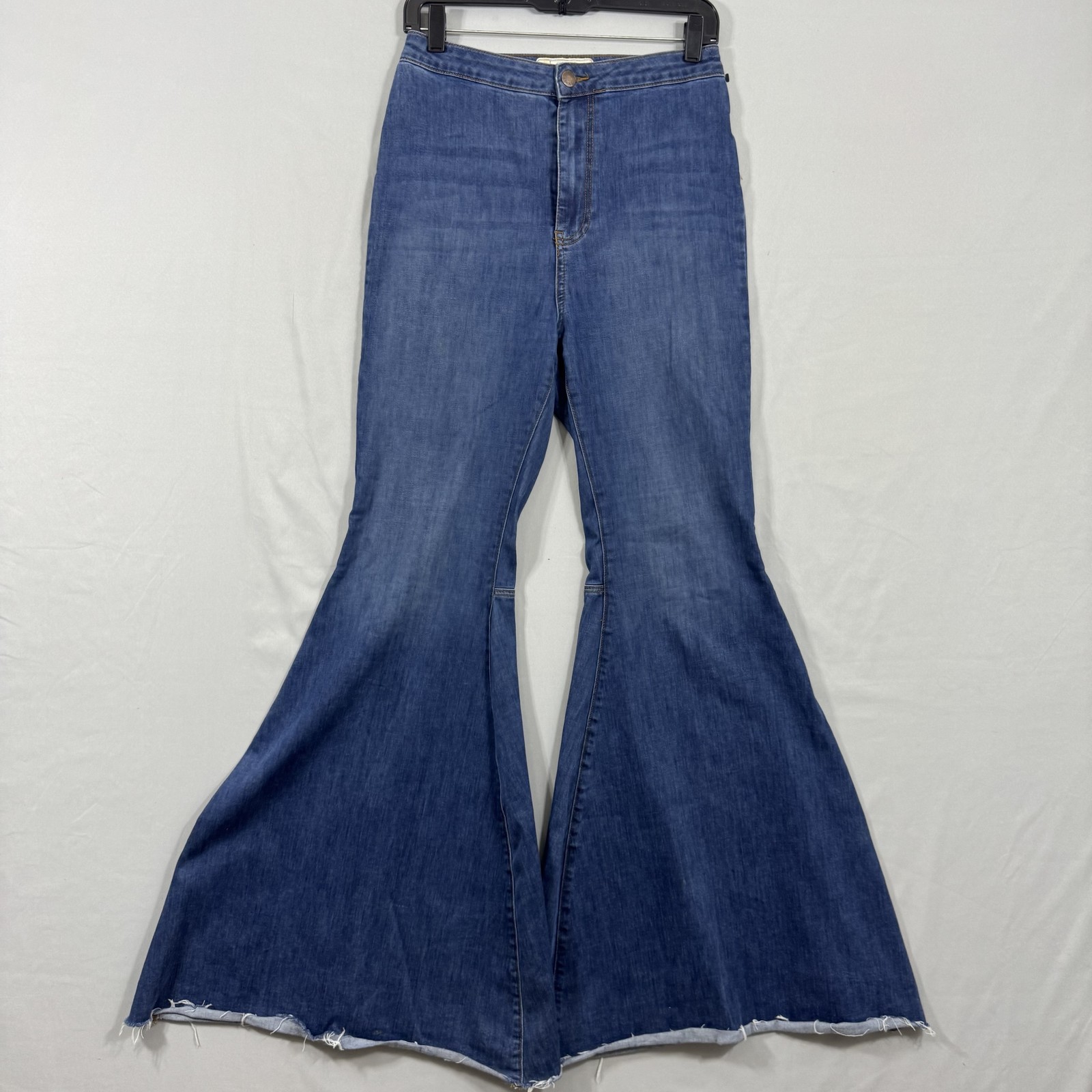 Free People Jeans Womens 30 Flare Wide Leg Blue High Rise Boho Distressed Frayed