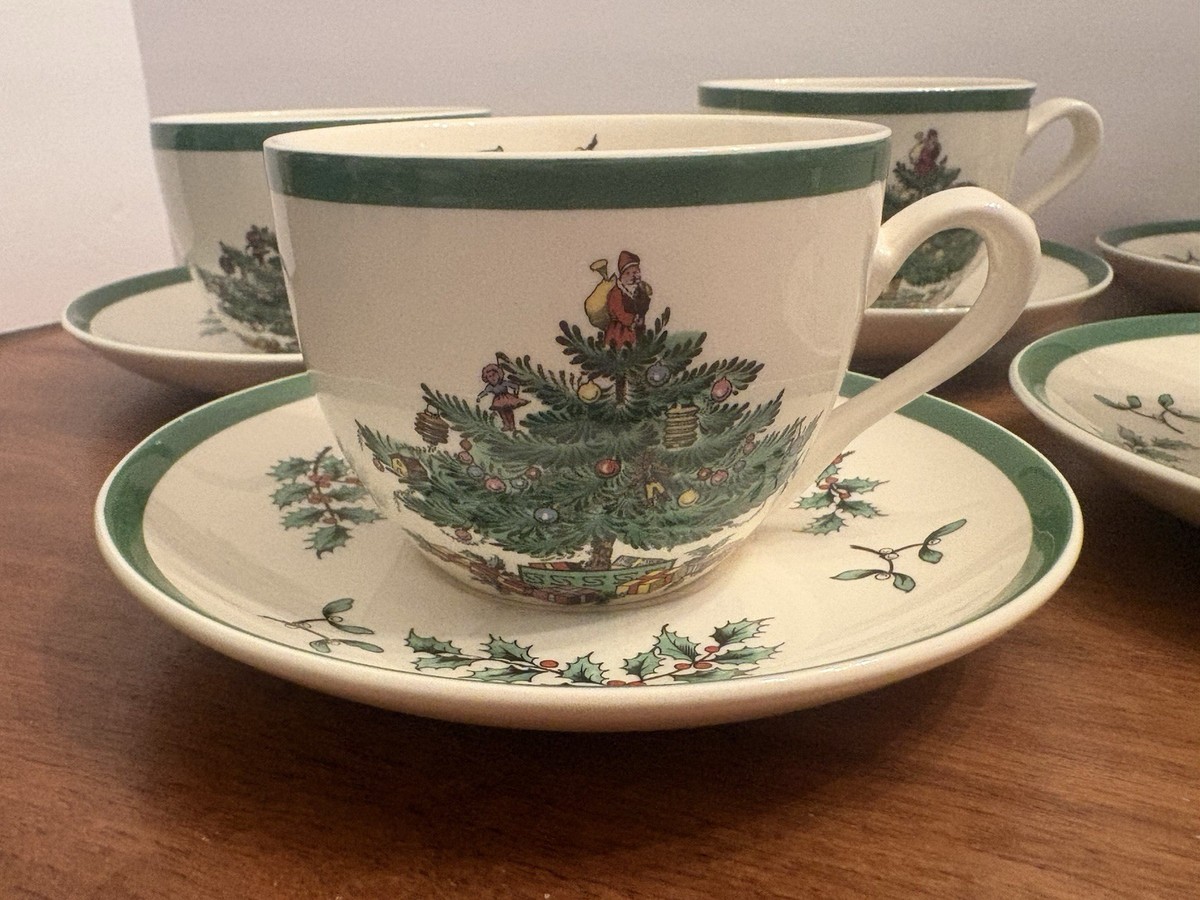 Vintage Spode Christmas Tree Tea Cups And Saucers Set Of 6 England