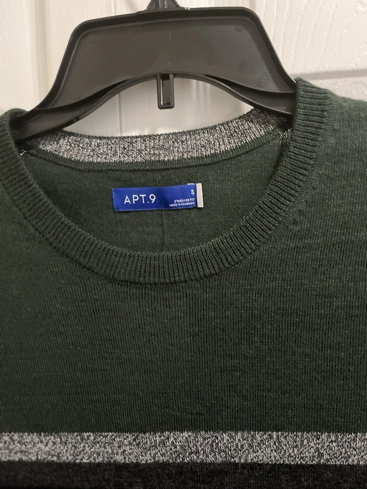 APT. 9 Sweater Merino Wool Blend Modern Luxe Size S Green Gray Stripe Crew NEW - Image 3 of 3