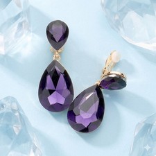 Purple Crystal Clip On Earrings Double Teardrop Statement 2in