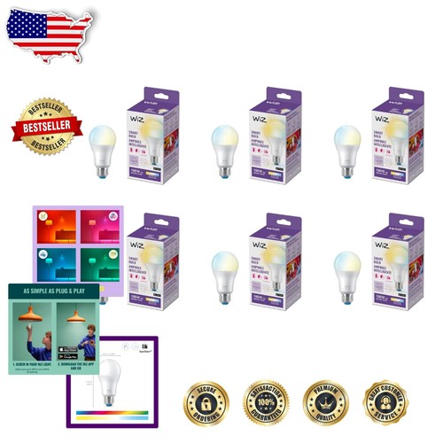 Pack of 6 WiZ LED Smart Bulbs – A21 Tunable White, Voice Automation & Setup Ease