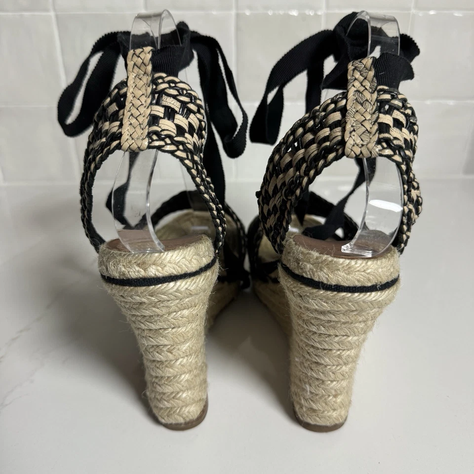 Kate Spade Espadrille Wedges Heel Sandal Women's 9 Black Tan Woven Ankle Ribbon - Image 2 of 4