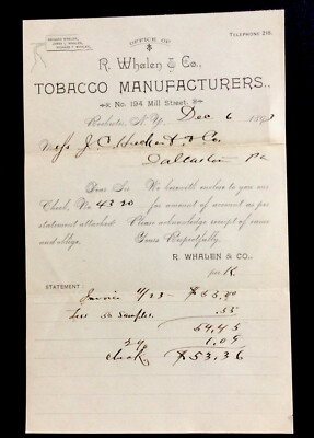 1893 bill head Rochester New York R Whalen & co tobacco manufacturers #b9