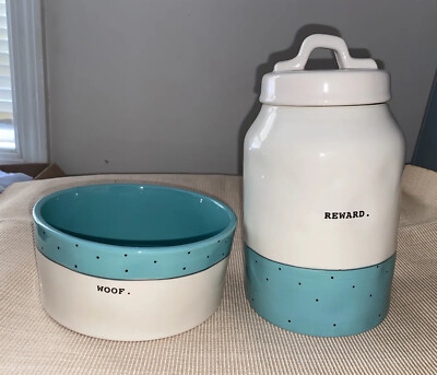 Rae Dunn Woof Dog Bowl and Treat Canister Green Polka Dot Pieces