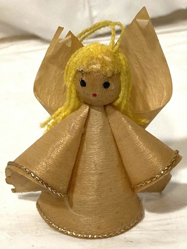 6 Vtg MCM Balsa Wood Angel Figurines Ornament w Yarn Hair Halo Gold Trim - Picture 7 of 11
