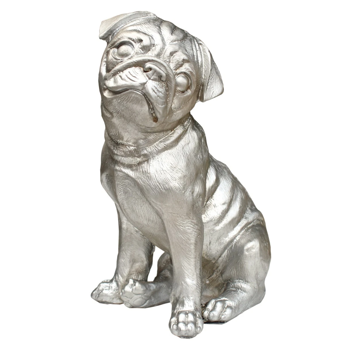 Silver Pug Sculpture Sitting Dog Puppy Statue Garden ornament Home D cor figures