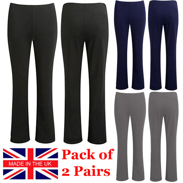 2 PACK WOMENS BOOTLEG TROUSERS STRETCH LADIES SOFT RIBBED PULL ON BOTTOMS PANTS