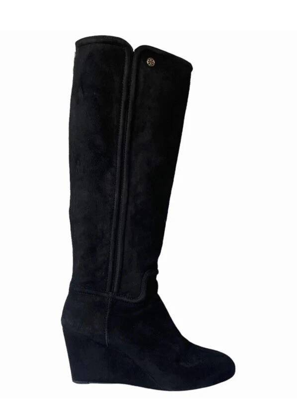 Tory Burch Tall Knee High Black Suede Leather Wedge Women's Boots Sz 7.5 - Image 2 of 4