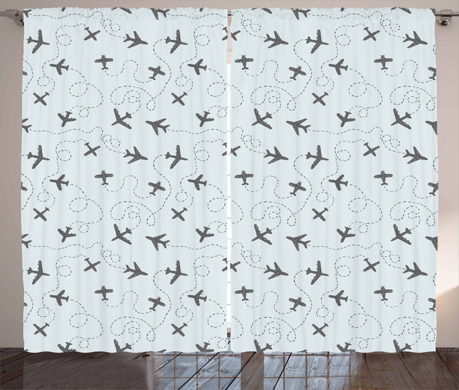 Swirls Mit Flugzeuge Vorhang Rustikaler Blau Grau 4e42fujnk81206