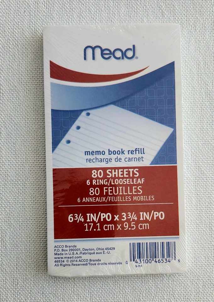 Refill Pages Memo Book 80 Sheets 6 ring loose leaf White lined Paper 5