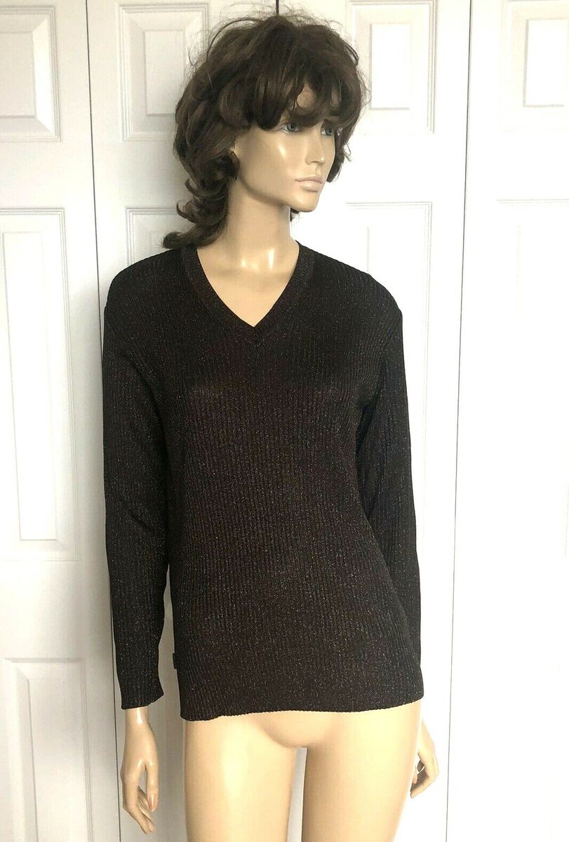 NWT MOSCHINO SPARKLE BROWN RIBBED V-NECK KNIT SWEATER SIZE 42/M/L