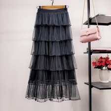 Women Tiered Mesh Skirt Tutu Tulle Layered Half Dress Pleated Elastic Waist Chic