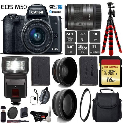 Canon EOS M50 Mirrorless Digital Camera +15-45mm Lens+ UV FLD CPL Filter Kit + W
