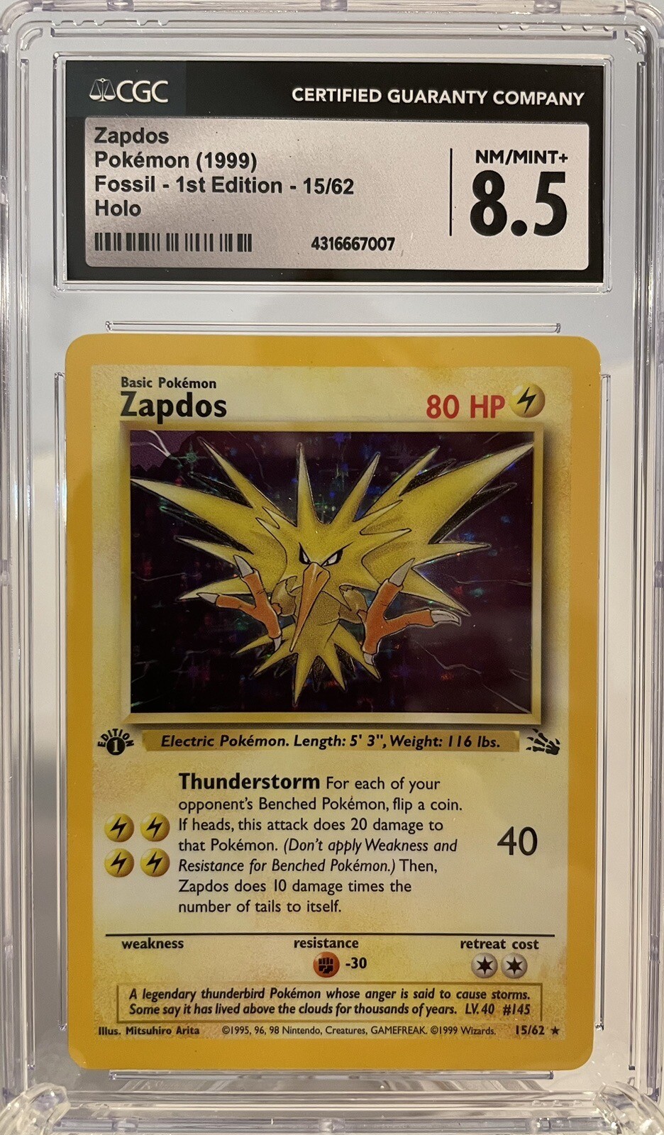 1999 Pokemon Fossil ZAPDOS 15/62 1ST EDITION HOLO RARE CGC MINT+ 8.5 ✨✨