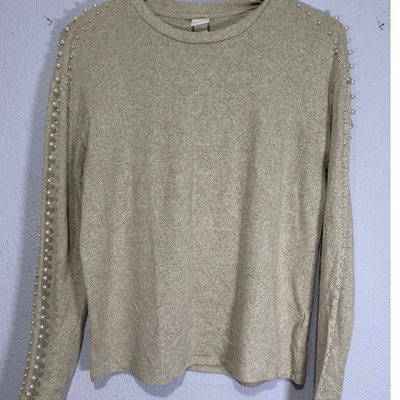 H&M Sweater Pullover Pearl Beaded Sleeve Soft Chic Quiet Luxury Oatmeal Womens S