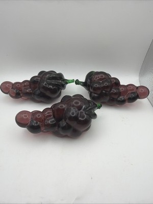 3 Hand Made Art Glass Grapes Heavy Solid Stem Leaf Purple Vtg Paperweight