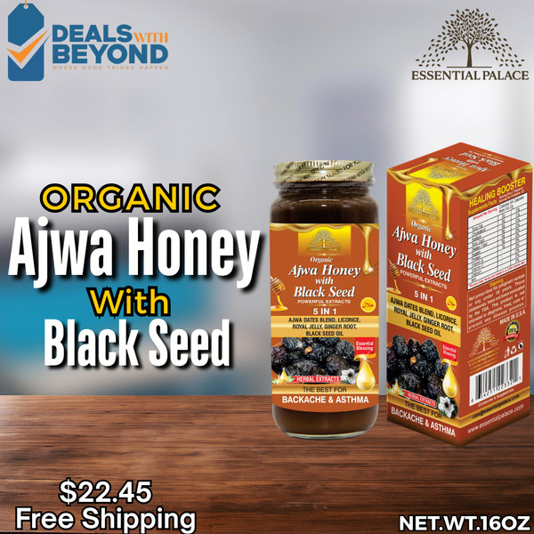 MIEL AJWA orgánica con semilla negra de Essential Palace 3 en 1, 16 OZ