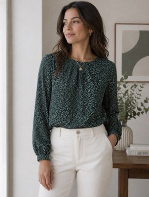 H&M Women s Green Polka Dot Long Sleeve Blouse Casual Work Top Size 10