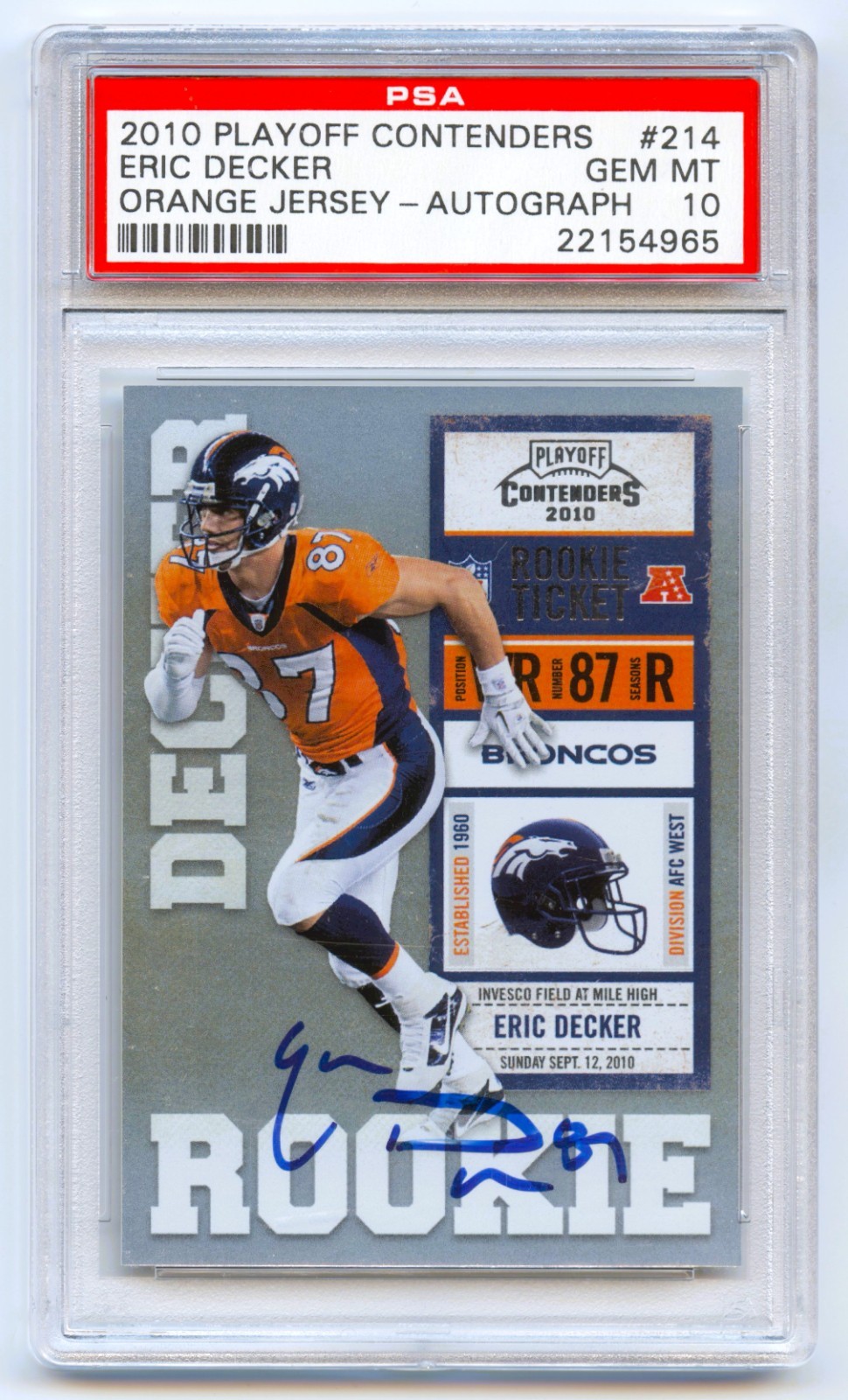 ERIC DECKER 2010 CONTENDERS ORANGE JERSEY VARIATION AUTO RC /492 PSA 10 *POP 6*