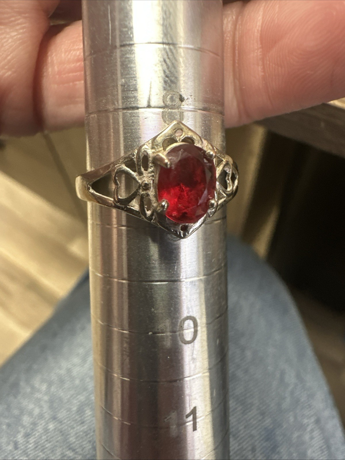 Oval Red Ruby Ring Delicate Solitaire Silver Sett… - image 1