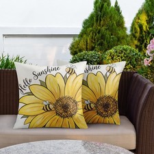 Bee Sunflower Outdoor Waterproof Throw Pillow Covers 18 x 18 Inch Set of 2, Y...