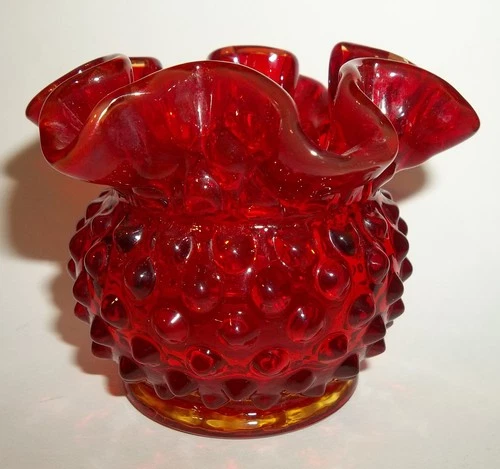 Vtg Fenton Red Yellow Amberina Hobnail Glass Rose Bowl 3" Tall Vase
