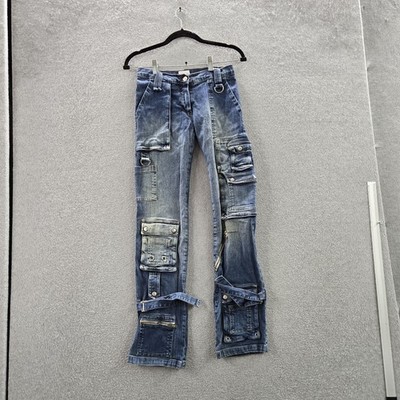 Bebe Women Jeans S Blue Denim Maxi Cargo Biker Grunge 29'' Inseam Outdoor
